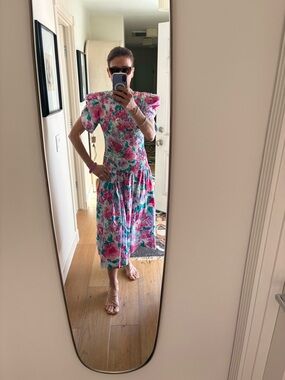 NWT VTG 80s Act I Floral Cottagecore Cotton Midi Dress Puff Sleeve Pink Teal